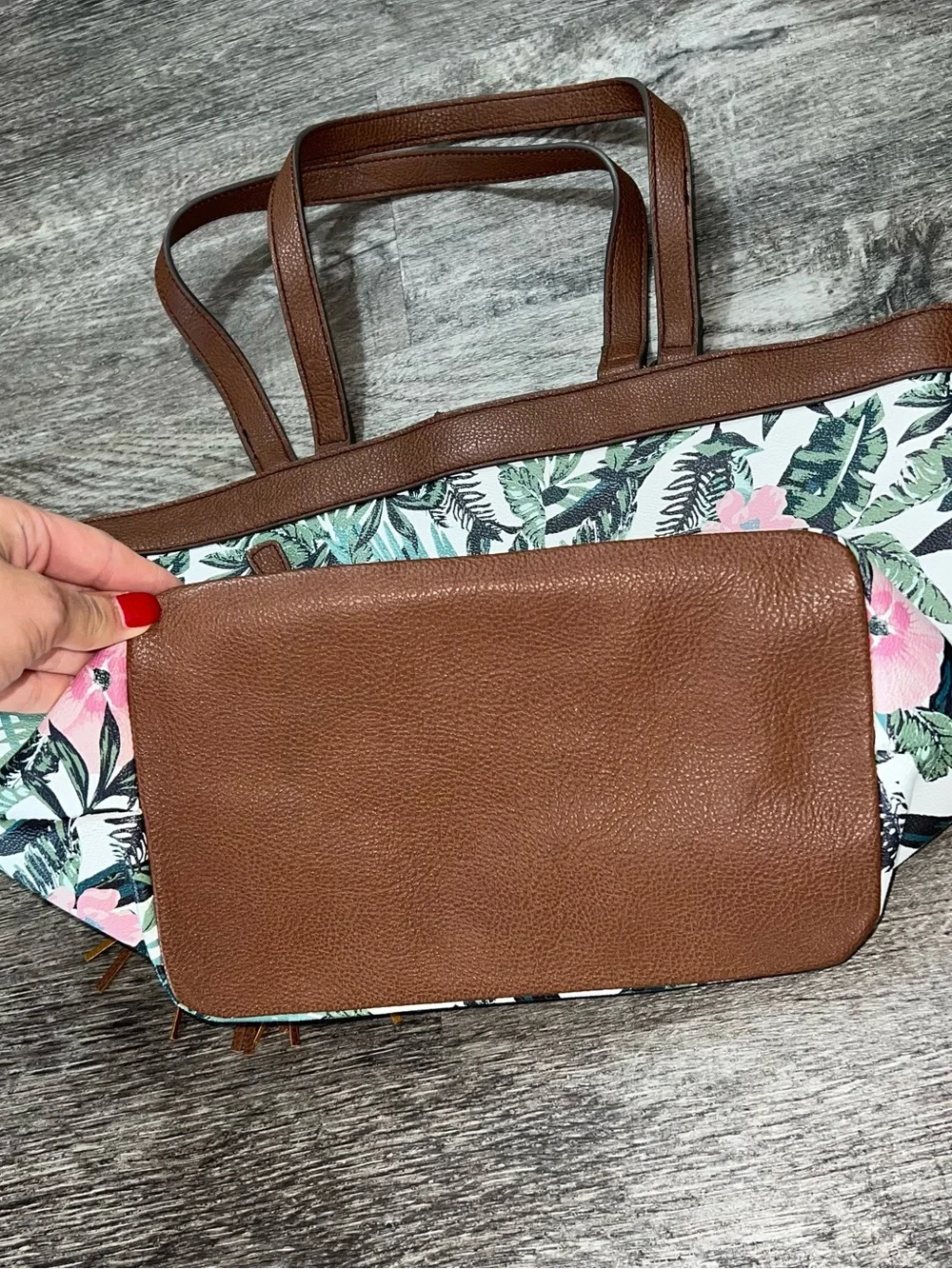 Liz Claiborne Floral and Tropical Leaf Print Pink and Green Tote Bag
